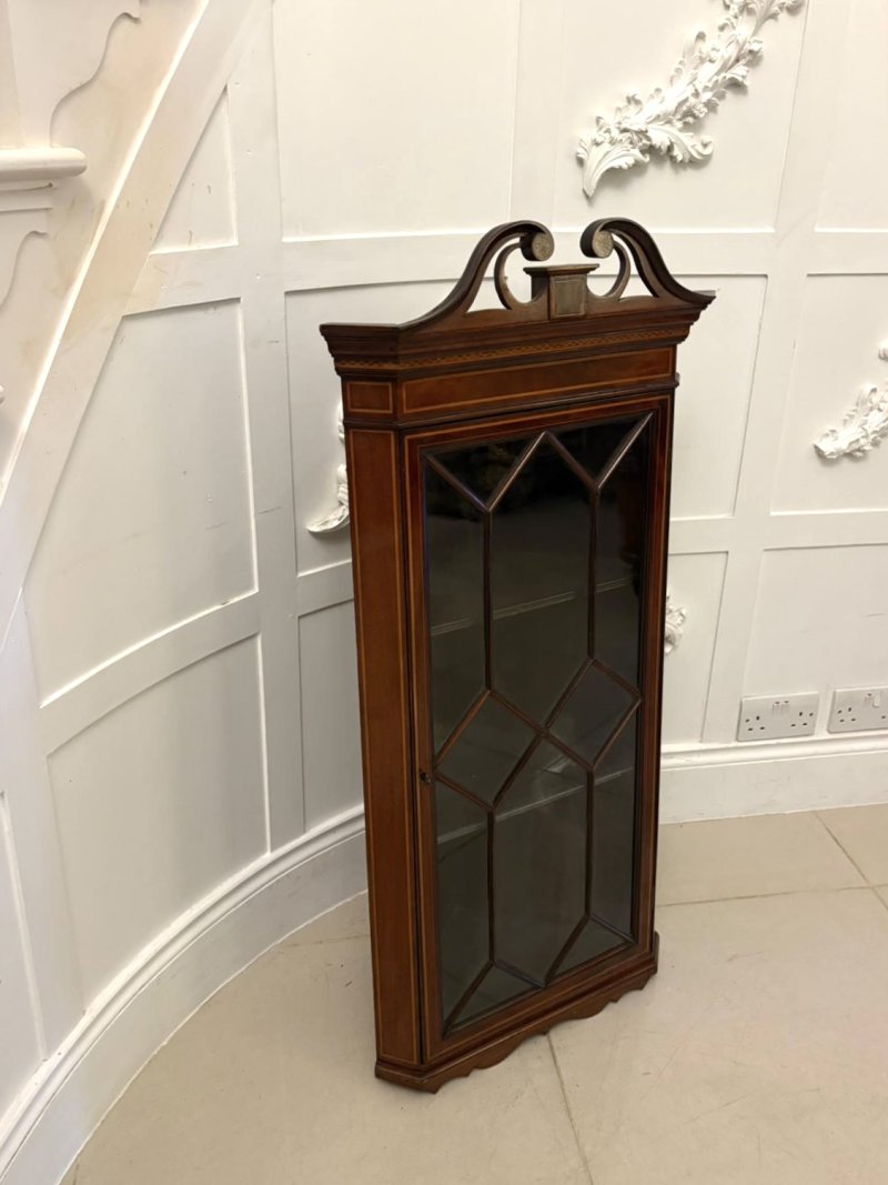 Antique Edwardian Quality Inlaid Mahogany Wall Hanging Corner Display Cabinet